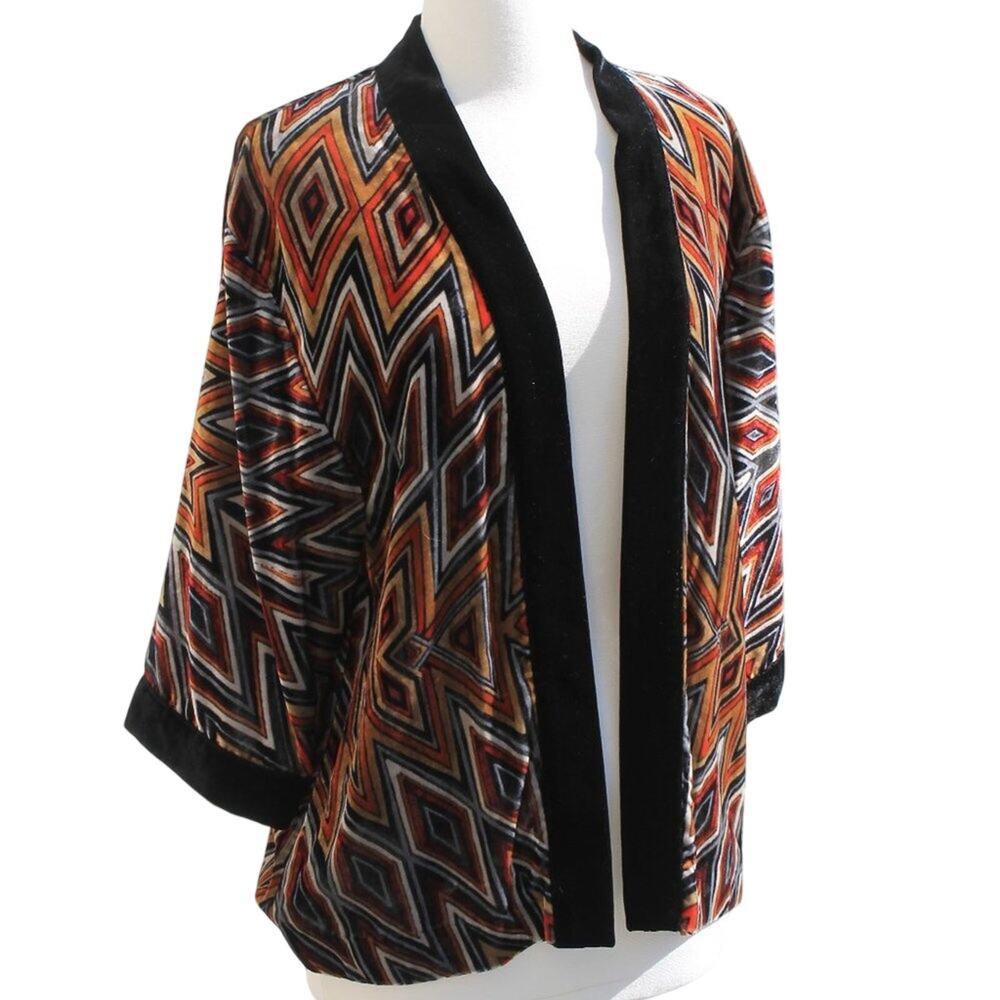 Chico's Women's Cardigan Velour Tribal Chevron Diamond Print